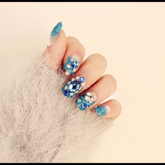 Other - 3/$30 Blue Rhinestone Fake Press On Nails